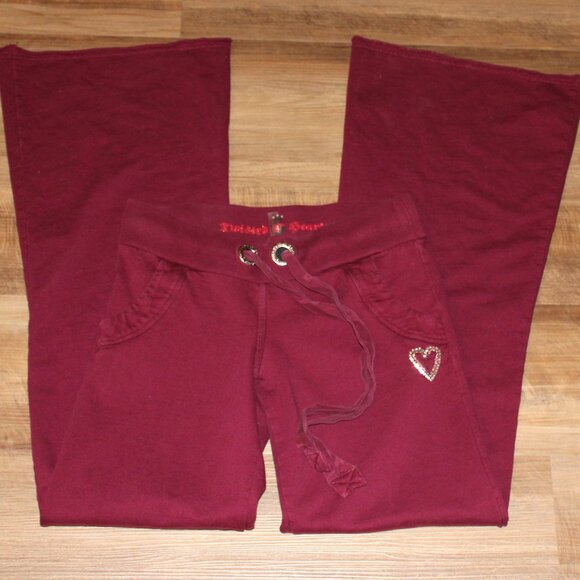 TWISTED HEART Size P-SM Burgundy Wine Rhinestone Heart Wide Leg Sweatpants - Picture 2 of 10